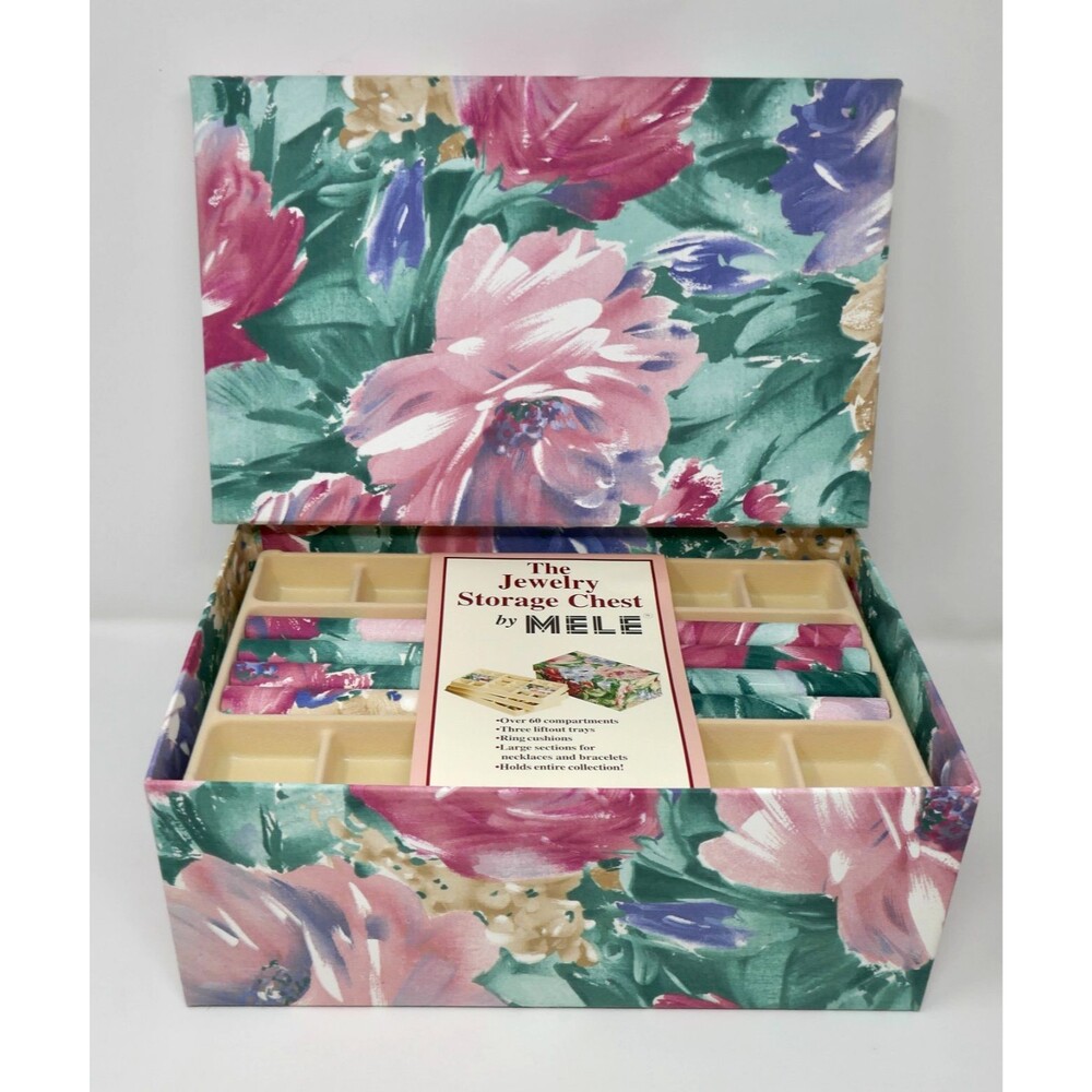 Mele Vintage 90s Fabric Floral Watercolor Jewelry Storage Chest 3 Lift Out Trays